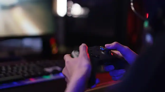 A person holding a game controller in front of a computer.