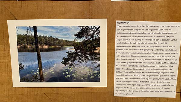 Till vänster: foto på sjön Gömmaren. Till höger: text där ungdomars åsikter om sjön och badplatsen beskrivs. 