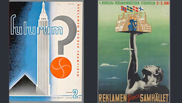 Två annonser: till vänster, omslaget till tidsskriften Futurum. Till höger: affisch från reklamförbundets kongress 1937. 