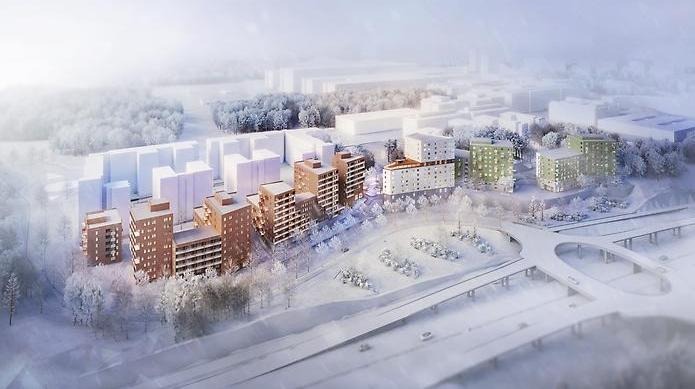 Visionsbild nya studentbostäder på Campus Flemingsberg (bild: Towatt Architects & Planners)