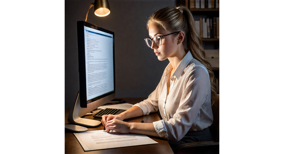 AI genererad bild på kvinna som studerar vid en dator